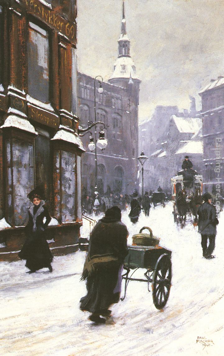 A Street Scene In Winter, Copenhagen painting - Paul Gustave Fischer A Street Scene In Winter, Copenhagen art painting